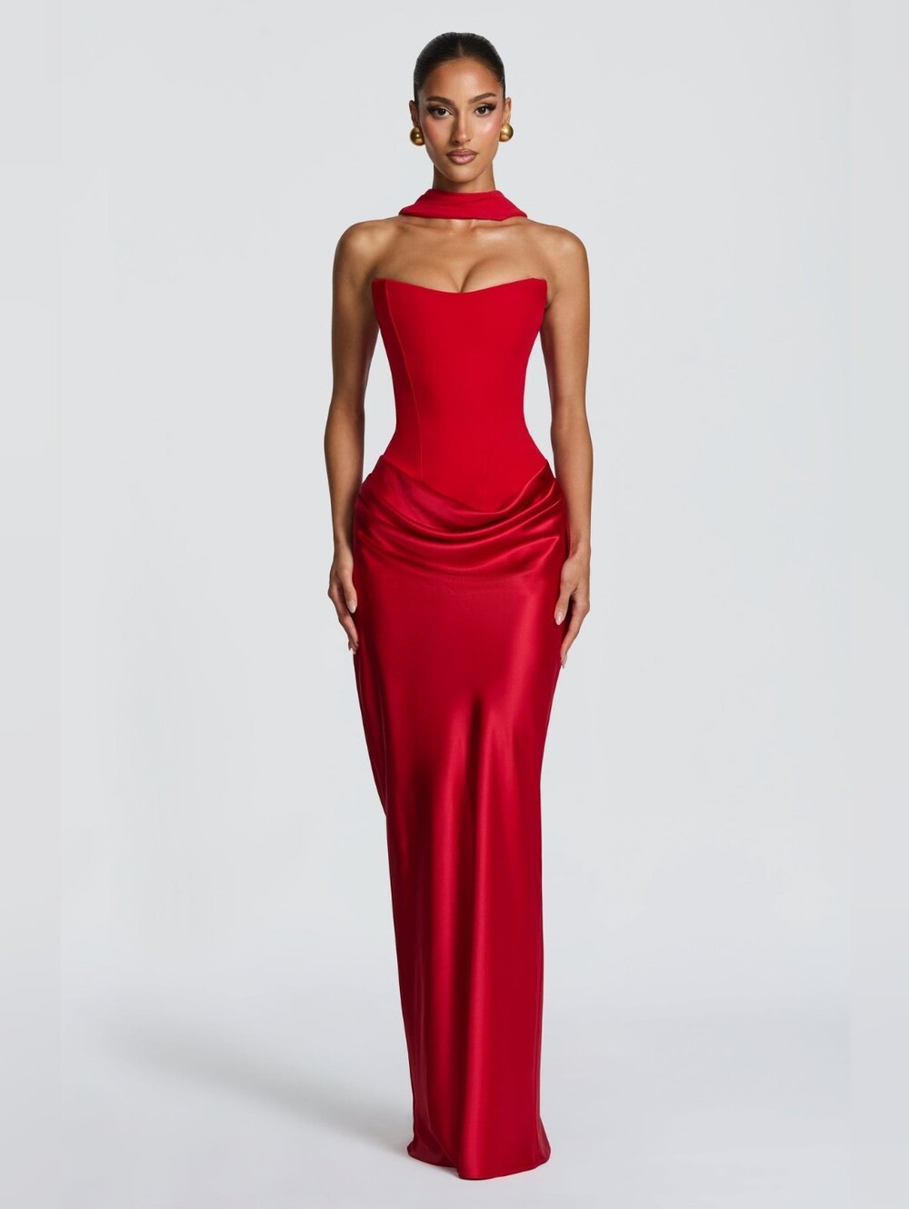 Red Strapless Evening Gown with Draped Waist Maggie Maxi Dress - Red Size L